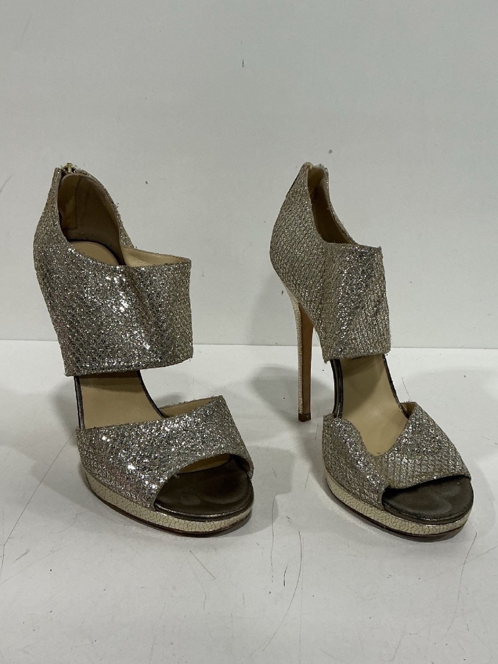 Women’s Jimmy Choo Silver Glitter Open-Toe Stiletto Sandals Size 39